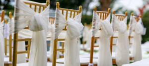 Wedding chairs with decorative white ribbons on the backs