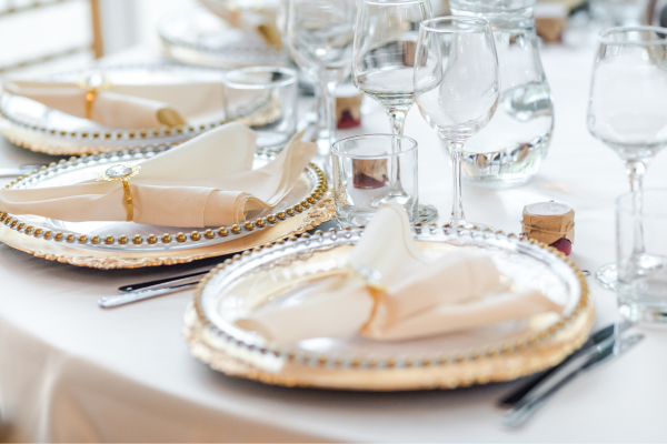 Wedding table set up with white napkins